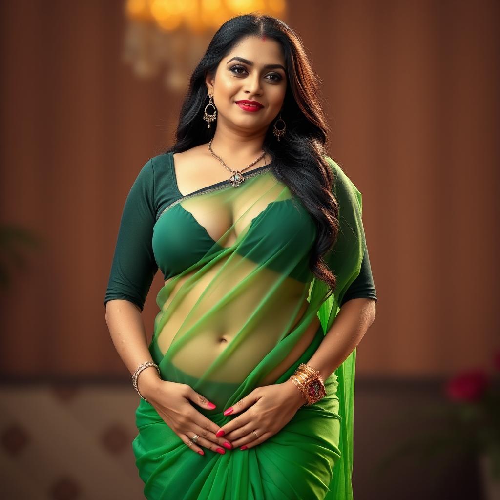 A hot, sexy Indian mature aunty standing confidently, wearing a stunning transparent green saree that gracefully drapes over her body, showcasing deep cleavage and accentuating her curves