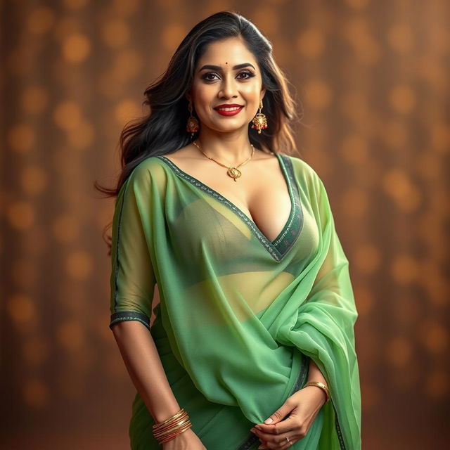 A hot, sexy Indian mature aunty standing confidently, wearing a stunning transparent green saree that gracefully drapes over her body, showcasing deep cleavage and accentuating her curves
