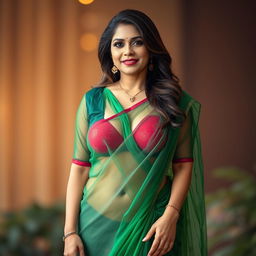 A hot, sexy Indian mature aunty standing confidently, wearing a stunning transparent green saree that gracefully drapes over her body, showcasing deep cleavage and accentuating her curves