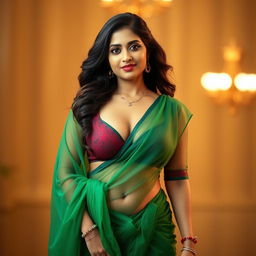 A hot, sexy Indian mature aunty standing confidently, wearing a stunning transparent green saree that gracefully drapes over her body, showcasing deep cleavage and accentuating her curves