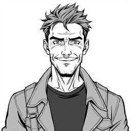 A 50-year-old anti-hero man with a battle-scarred but kindly face, featuring piercing eyes
