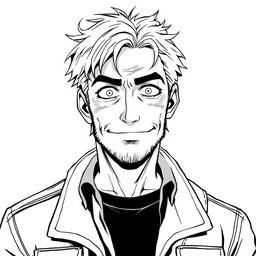 A 50-year-old anti-hero man with a battle-scarred but kindly face, featuring piercing eyes