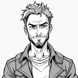 A 50-year-old anti-hero man with a battle-scarred but kindly face, featuring piercing eyes