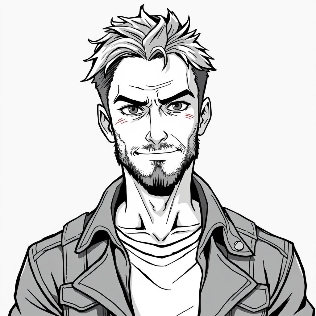 A 50-year-old anti-hero man with a battle-scarred but kindly face, featuring piercing eyes