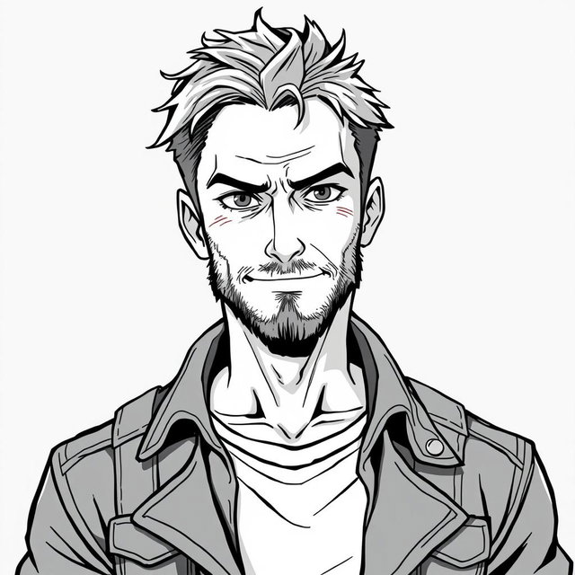 A 50-year-old anti-hero man with a battle-scarred but kindly face, featuring piercing eyes