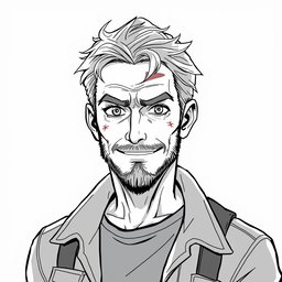 A 50-year-old anti-hero man with a battle-scarred but kindly face, featuring piercing eyes