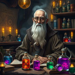 An old alchemist in a dimly lit laboratory, surrounded by ancient tomes and glittering glass vials filled with colorful potions