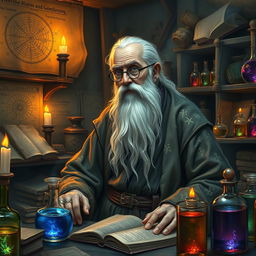An old alchemist in a dimly lit laboratory, surrounded by ancient tomes and glittering glass vials filled with colorful potions