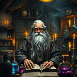 An old alchemist in a dimly lit laboratory, surrounded by ancient tomes and glittering glass vials filled with colorful potions