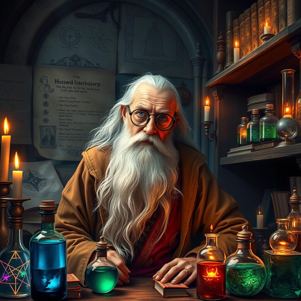 An old alchemist in a dimly lit laboratory, surrounded by ancient tomes and glittering glass vials filled with colorful potions