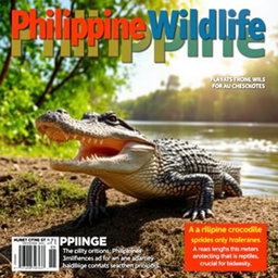 An eye-catching magazine cover featuring a striking Philippine crocodile in its natural habitat, poised on a sunlit riverbank