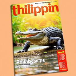 An eye-catching magazine cover featuring a striking Philippine crocodile in its natural habitat, poised on a sunlit riverbank