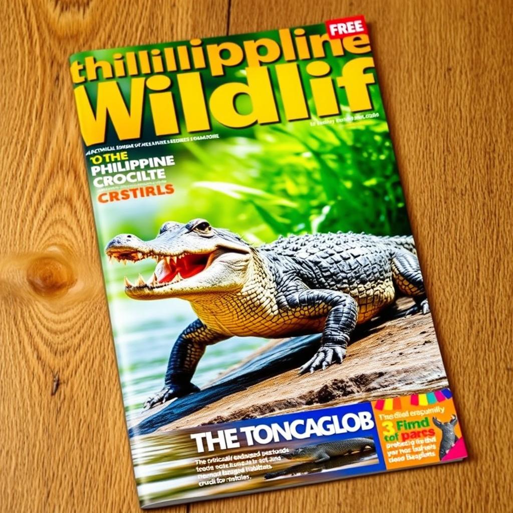 An eye-catching magazine cover featuring a striking Philippine crocodile in its natural habitat, poised on a sunlit riverbank