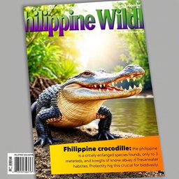 An eye-catching magazine cover featuring a striking Philippine crocodile in its natural habitat, poised on a sunlit riverbank