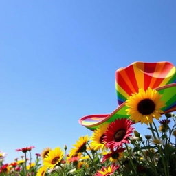 A vibrant and colorful cowboy hat with a rainbow design, set against a bright blue sky