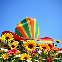 A vibrant and colorful cowboy hat with a rainbow design, set against a bright blue sky