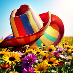 A vibrant and colorful cowboy hat with a rainbow design, set against a bright blue sky