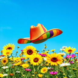 A vibrant and colorful cowboy hat with a rainbow design, set against a bright blue sky
