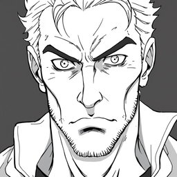 A 45-year-old male anti-hero with a battle-scarred and determined face, featuring piercing eyes
