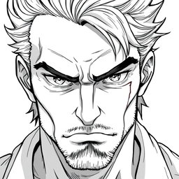 A 45-year-old male anti-hero with a battle-scarred and determined face, featuring piercing eyes