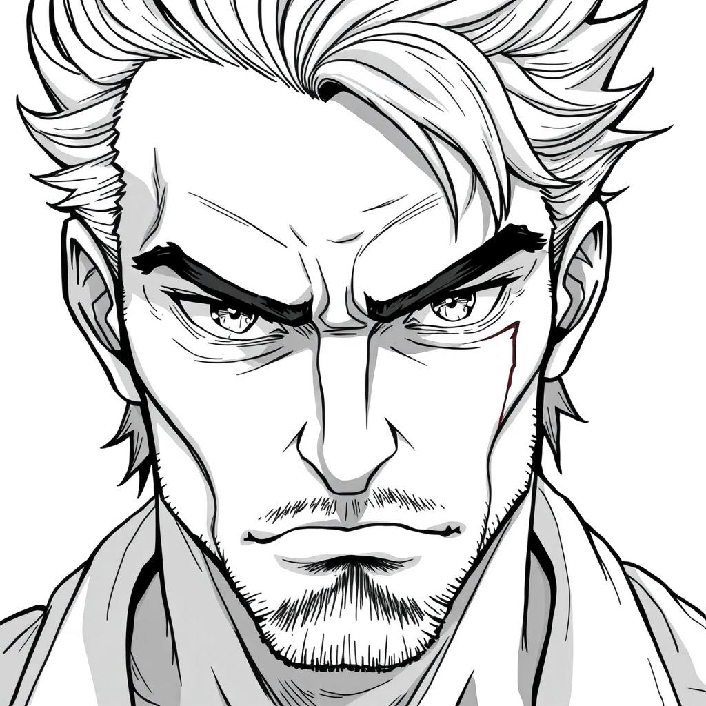 A 45-year-old male anti-hero with a battle-scarred and determined face, featuring piercing eyes