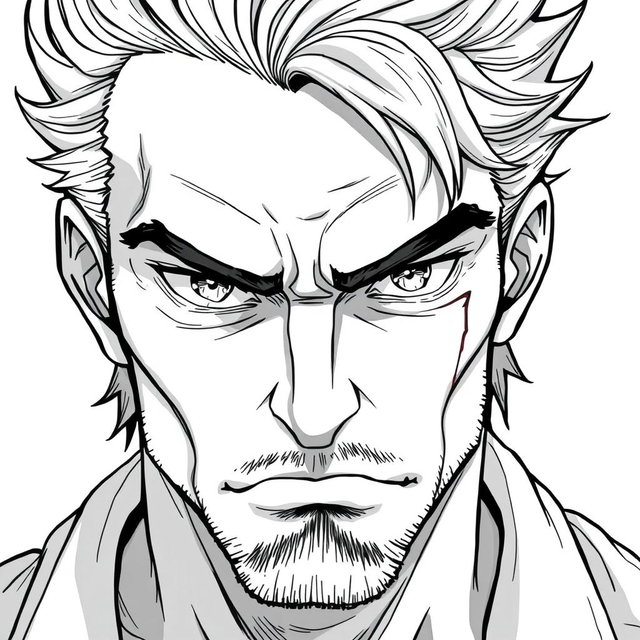 A 45-year-old male anti-hero with a battle-scarred and determined face, featuring piercing eyes