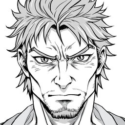 A 45-year-old male anti-hero with a battle-scarred and determined face, featuring piercing eyes