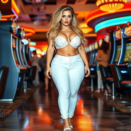 A full-length photograph of a sexy and beautiful curvy young woman with very thick, long, messy dirty blonde hair and striking crystal blue eyes