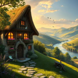 A cozy medieval fantasy house nestled in a lush green landscape, with a thatched roof and wooden beams