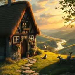 A cozy medieval fantasy house nestled in a lush green landscape, with a thatched roof and wooden beams