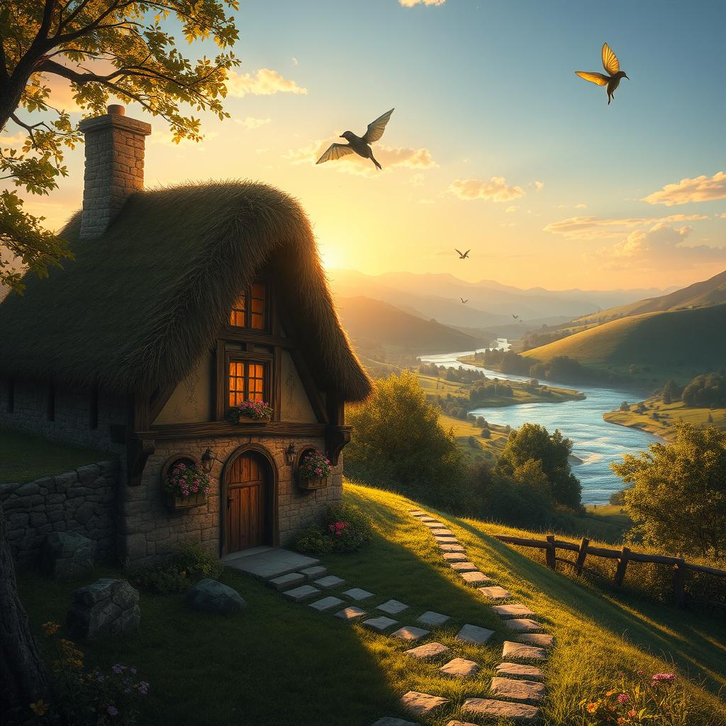 A cozy medieval fantasy house nestled in a lush green landscape, with a thatched roof and wooden beams