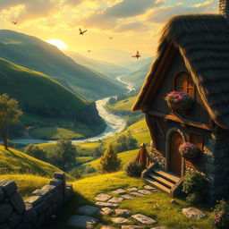 A cozy medieval fantasy house nestled in a lush green landscape, with a thatched roof and wooden beams