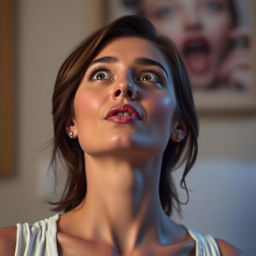 A woman looking up with an expression of surprise, a playful and confident demeanor, her features soft and alluring