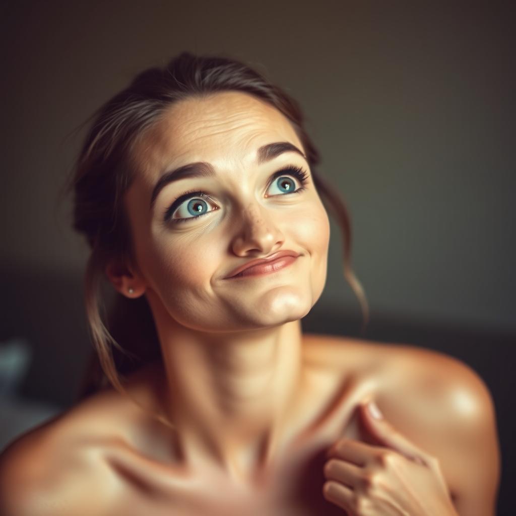 A woman looking up with an expression of surprise, a playful and confident demeanor, her features soft and alluring