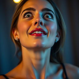 A woman looking up with an expression of surprise, a playful and confident demeanor, her features soft and alluring