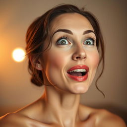 A woman looking up with an expression of surprise, a playful and confident demeanor, her features soft and alluring