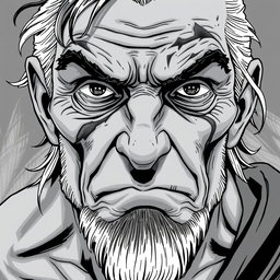 An old man depicted as an anti-hero, with a battle-scarred face showcasing deep wrinkles and a determined expression
