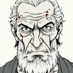 An old man depicted as an anti-hero, with a battle-scarred face showcasing deep wrinkles and a determined expression