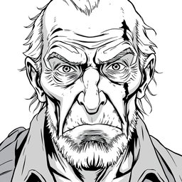 An old man depicted as an anti-hero, with a battle-scarred face showcasing deep wrinkles and a determined expression