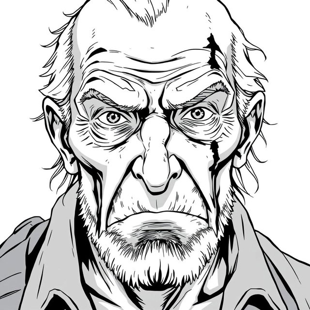 An old man depicted as an anti-hero, with a battle-scarred face showcasing deep wrinkles and a determined expression