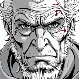 An old man depicted as an anti-hero, with a battle-scarred face showcasing deep wrinkles and a determined expression