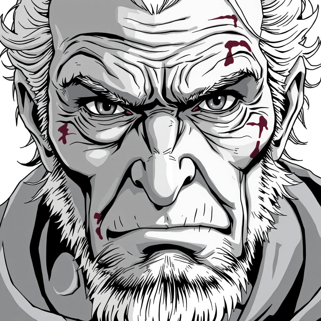 An old man depicted as an anti-hero, with a battle-scarred face showcasing deep wrinkles and a determined expression