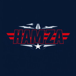 A bold and modern logo design featuring the word "HAMZA" in a sleek and dynamic font, inspired by classic aviation themes similar to the "Top Gun" logo