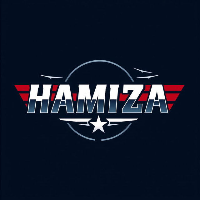 A bold and modern logo design featuring the word "HAMZA" in a sleek and dynamic font, inspired by classic aviation themes similar to the "Top Gun" logo