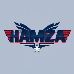 A bold and modern logo design featuring the word "HAMZA" in a sleek and dynamic font, inspired by classic aviation themes similar to the "Top Gun" logo