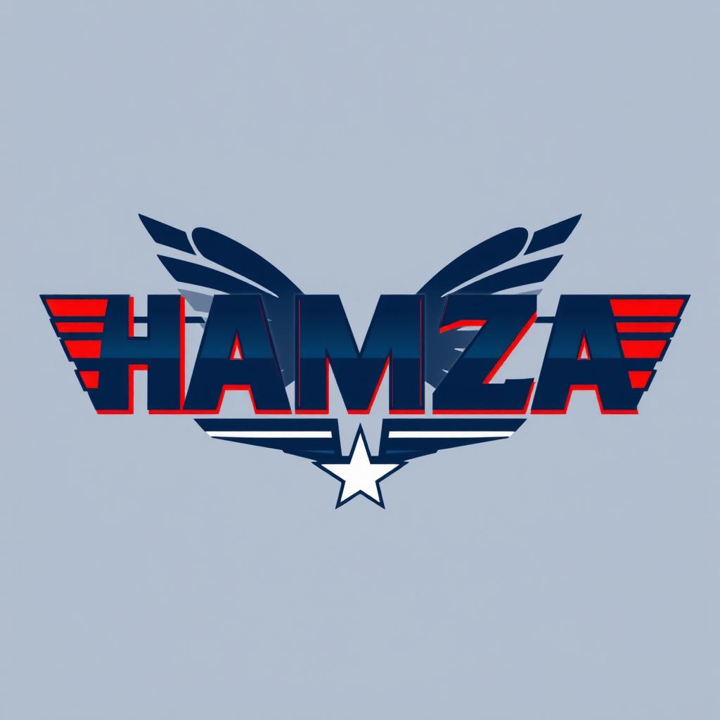 A bold and modern logo design featuring the word "HAMZA" in a sleek and dynamic font, inspired by classic aviation themes similar to the "Top Gun" logo