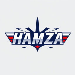 A bold and modern logo design featuring the word "HAMZA" in a sleek and dynamic font, inspired by classic aviation themes similar to the "Top Gun" logo