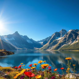 A highly detailed image of a serene mountain landscape during sunrise, featuring clear blue skies, a shimmering lake reflecting the mountains, and vibrant wildflowers in the foreground