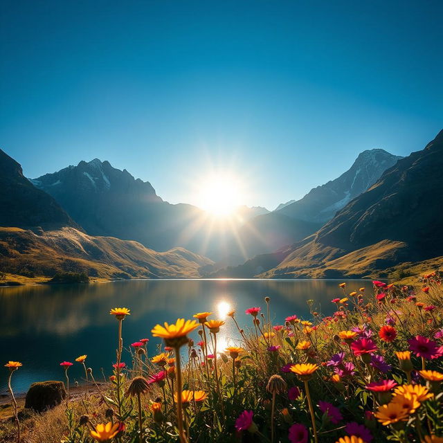 A highly detailed image of a serene mountain landscape during sunrise, featuring clear blue skies, a shimmering lake reflecting the mountains, and vibrant wildflowers in the foreground