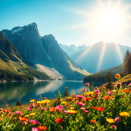 A highly detailed image of a serene mountain landscape during sunrise, featuring clear blue skies, a shimmering lake reflecting the mountains, and vibrant wildflowers in the foreground